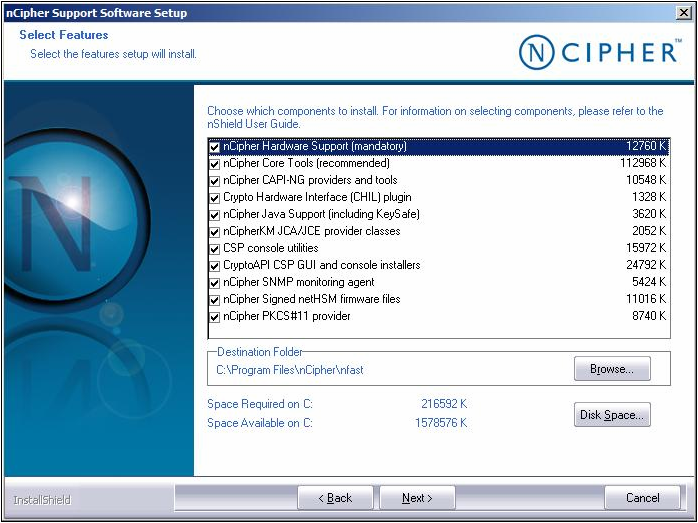 nCipher Support Software Setup window Select Features screen